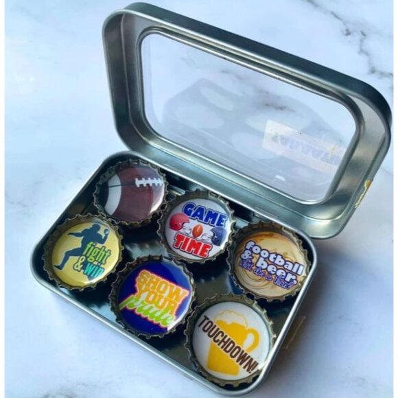 Football-Themed Bottle Cap Magnets In Tin Case - Picture 3 of 4